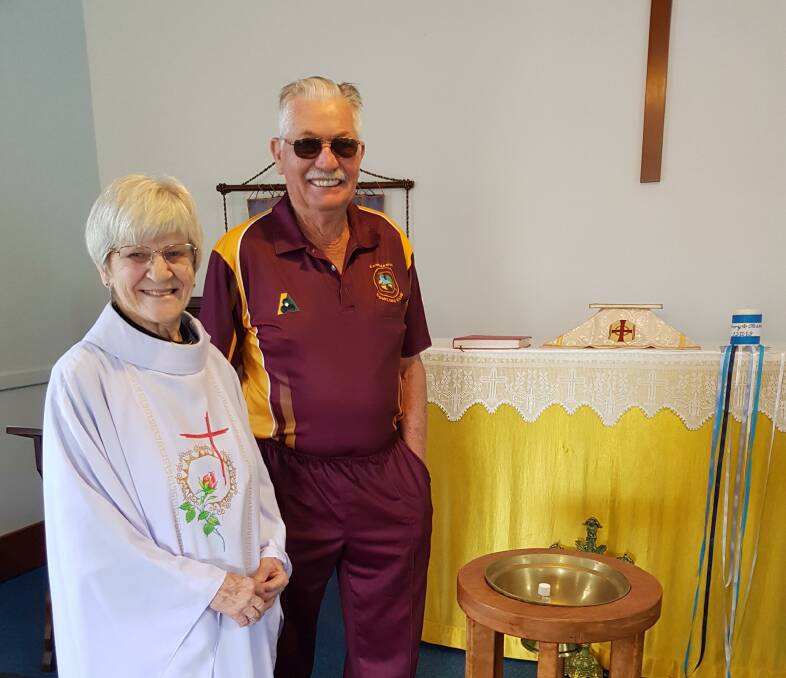 Rev. Mary Esslemont and Peter Clews OAM of Cowaramup Men's Shed attend the Blessing of the new Font at Cowaramup Anglican Church.