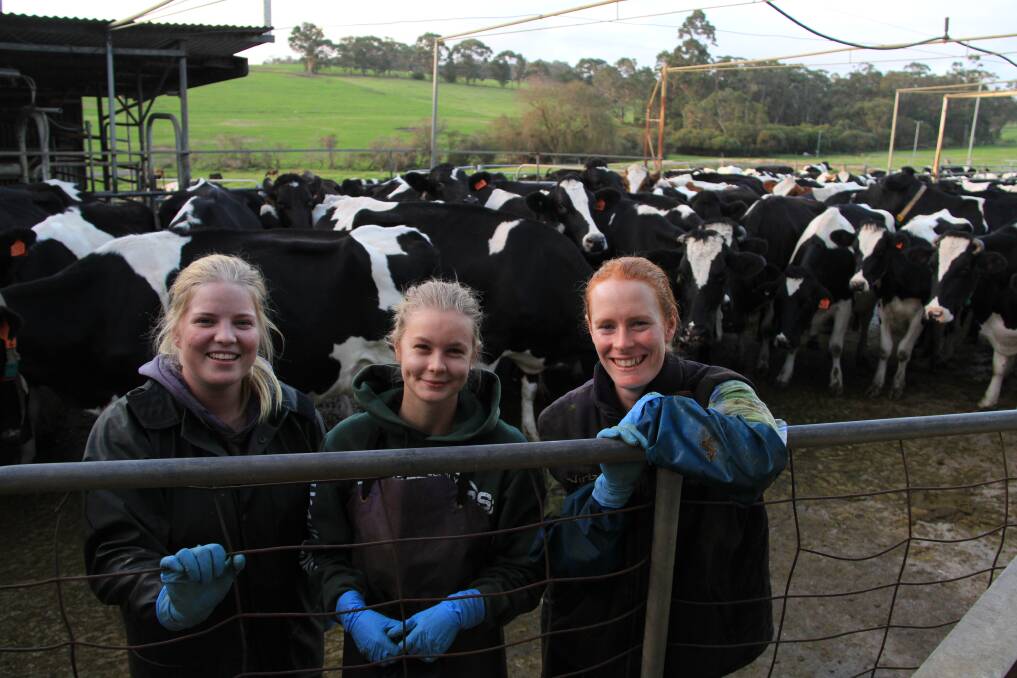 Young Rosa Glen dairy farmers Rikke Kobbeltvedt, Victoria Sivers and Kathleen Crimp. Photo: Supplied