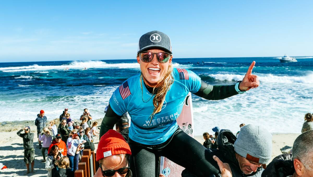 Queen of the Point: 2019 Margaret River Pro women's champion Lakey Peterson celebrates at Main Break on Tuesday. Photo: WSL/Cestari