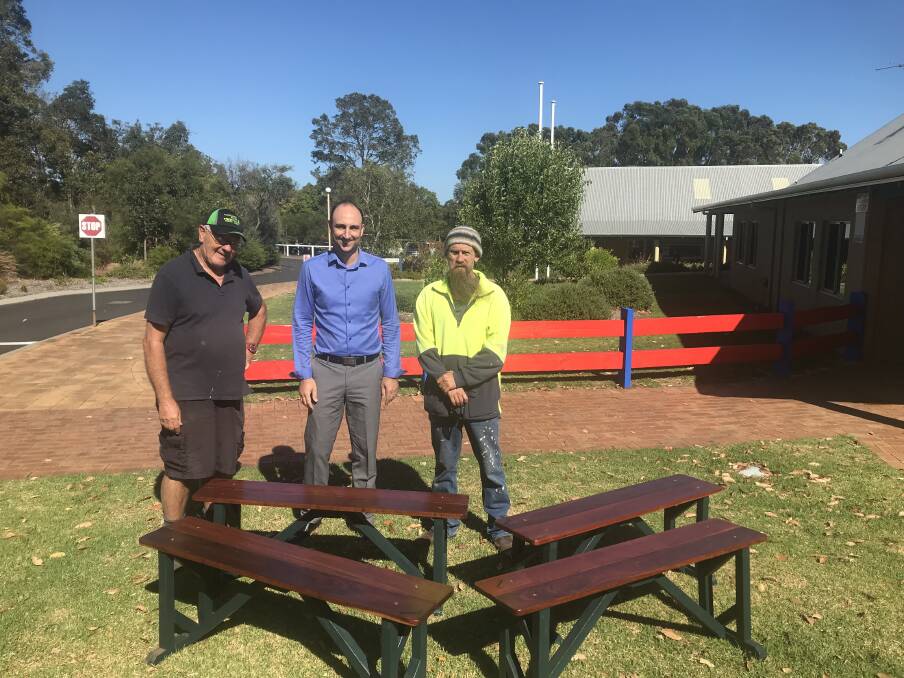 With thanks: Simon and John from the Margaret River Men's shed with Russell Wylie (centre), St Thomas More's new principal. Photo: Supplied