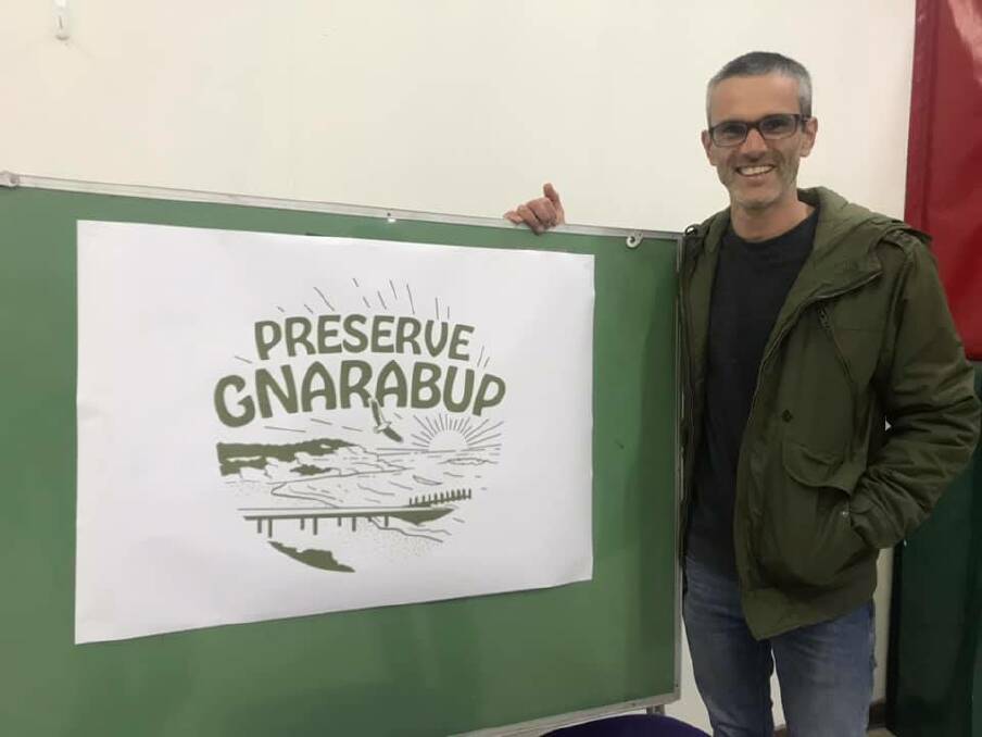 James Davies from Ground Creative and the logo he designed to support the Preserve Gnarabup action group. 