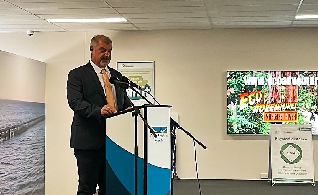 City of Busselton Mayor Grant Henley speaks at the Busselton Margaret River Regional Airport ahead of the arrival of the first Jetstar flight direct from Melbourne. Picture: Brianna Melville
