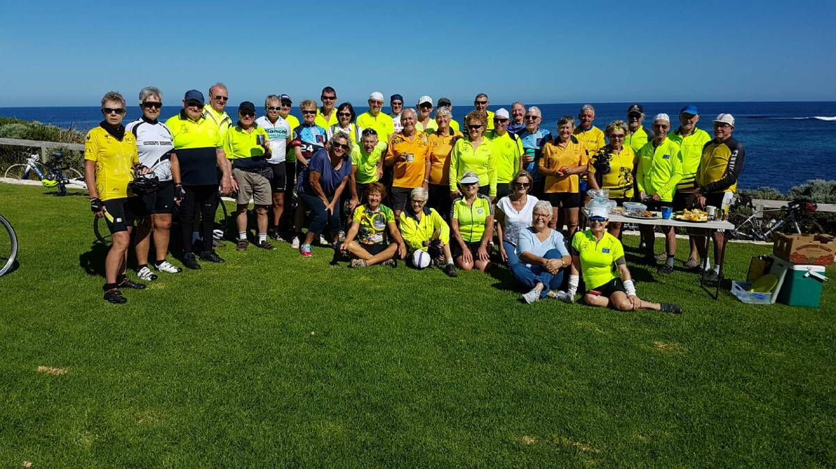 Golden: Some of the large group of riders who visited the Margaret River region as part of their cycling camp. Photo: Geographe Cycling Club