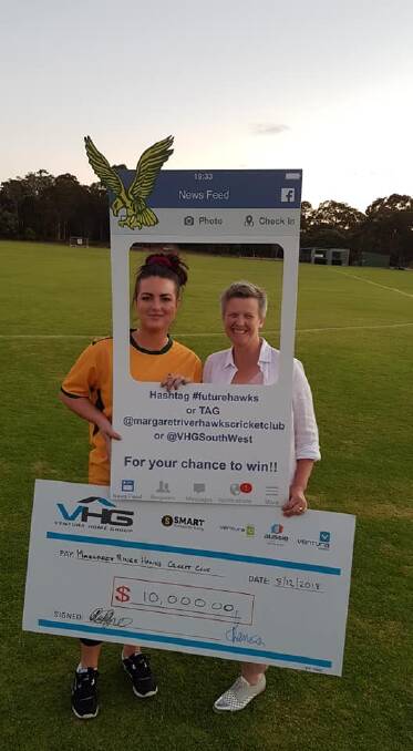 Ruby and Sunny in the #futurehawks social media frame, holding the generous cheque donated to the Margaret River Hawks Cricket Club. 
