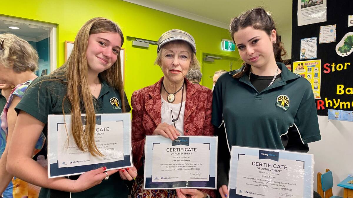 Program participant Julie St Clair-Bakers (centre) with Margaret River SHS student-teachers Amber Roberts and Emma Morris at the Margaret River Library. Picture: Supplied