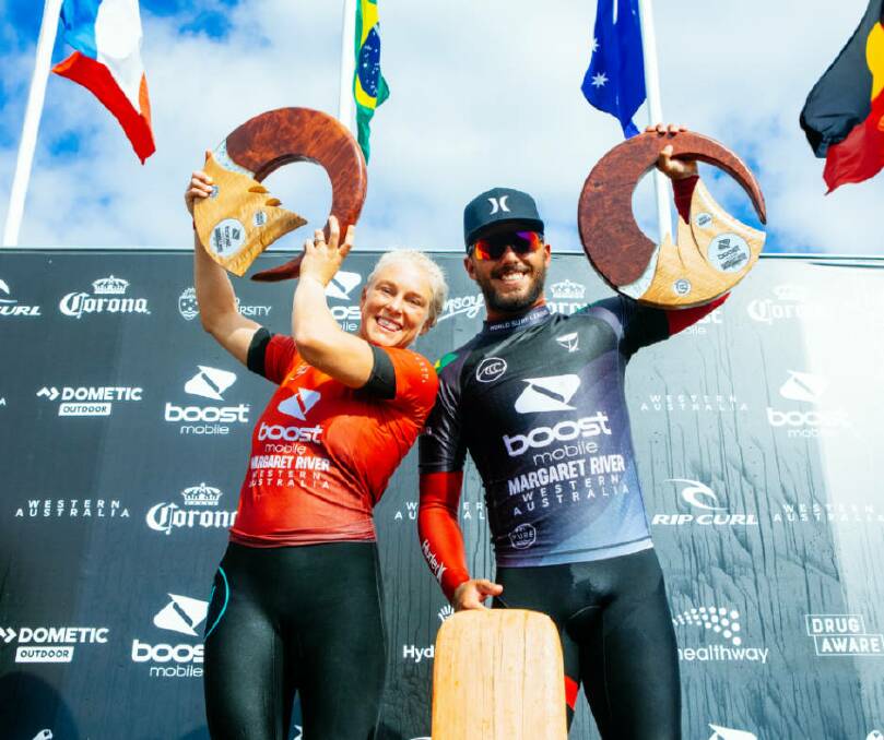Brazilian surfers sweep: Tatiana Weston-Webb and Filipe Toledo, winners of the 2021 Boost Mobile Margaret River Pro pres. by Corona. Photo: WSL/Miers