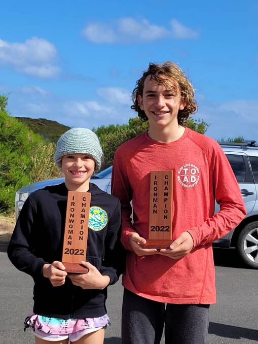 Margaret River Surf Life Saving Club members Zoe and Kai de la Mare with their 2022 MRSLSC trophies. Picture is supplied
