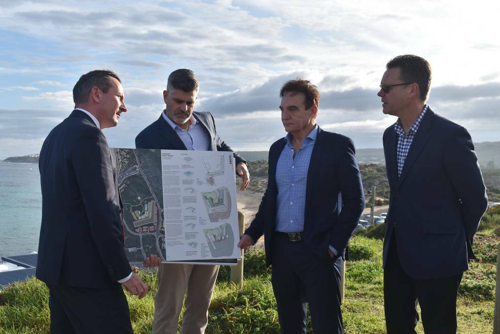 WA Premier Mark McGowan, developers and hoteliers (left) look over the plans for the Westin Margaret River in Gnarabup. Photo: Nicky Lefebvre