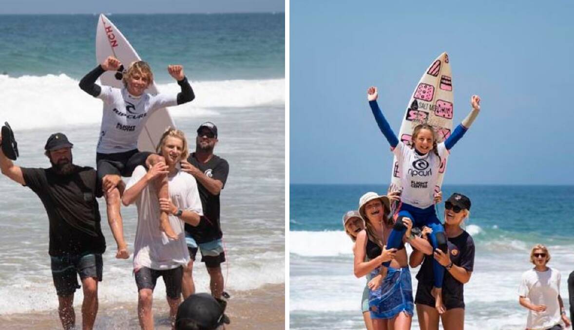 Young champions: Finn Cox (left) and Willow Hardy after their Rip Curl Grom Search victories. Photos: Rip Curl/Surfing Australia