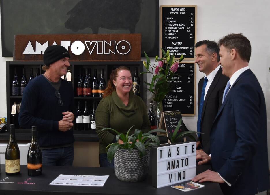 Amato Vino winemaker Brad Wehr and Margaret River Collaborative owner Francine Davies with Mr Papalia and Mr Harding on Friday. 