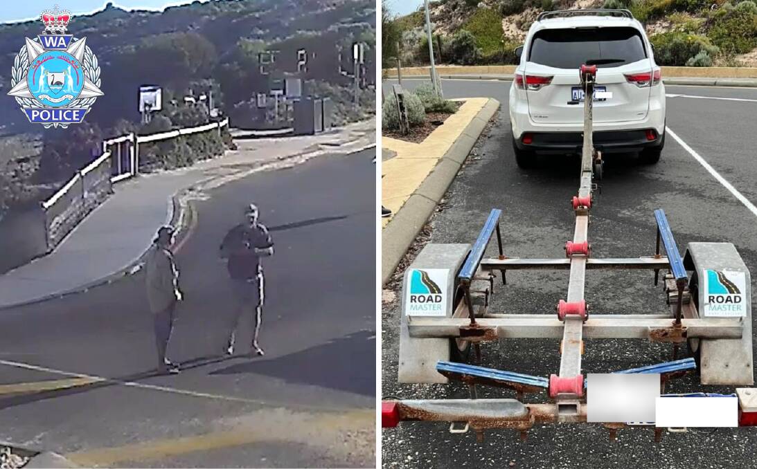Authorities are looking to speak with a person (left) seen talking to 73 year old Terry Jennings near the Gnarabup boat ramp on Thursday morning; (right) the vehicle had been abandoned in the carpark for a number of days. Pictures: WA Police / Facebook