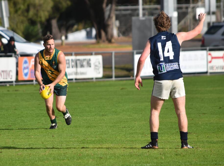 Augusta Margaret River Hawk Grant Garstone sends the ball towards the home side's goal during their clash with Donnybrook on Saturday. Photo - Nicky Lefebvre