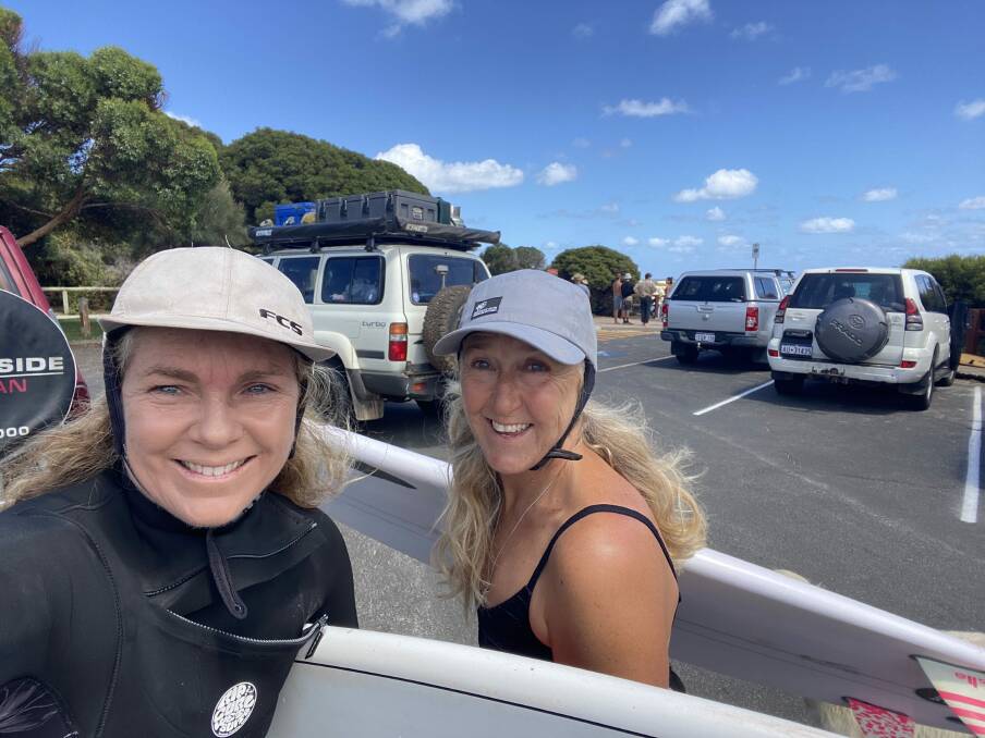 Kathryn Seisun (left) and Marg Lindsey find solace and celebration in the ocean thanks to their love of surfing. Picture: Supplied