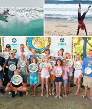 Taj Burrow (third from left, back row) said it was "definitely the biggest Shallows we've ever surfed" at this week's 17th Small Fries competition. Photos: Surfing WA/Jack O'Grady
