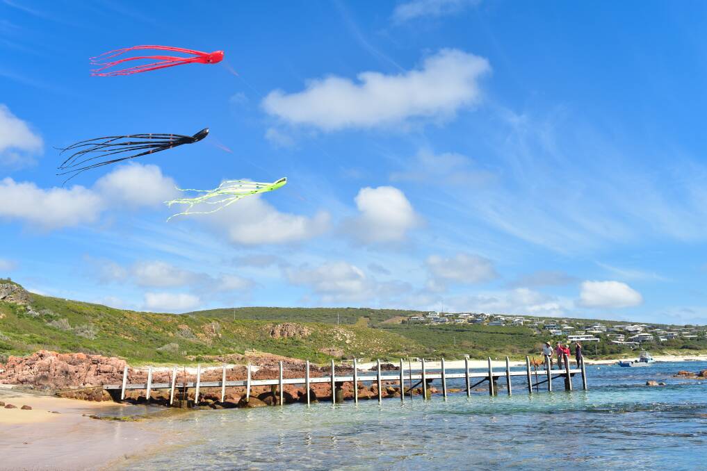 Up, up and away: Organisers of the first Gracetown Kite Festival test out some of the impressive creations set to take to the skies this weekend. Photo: Lauren Trickett Photography