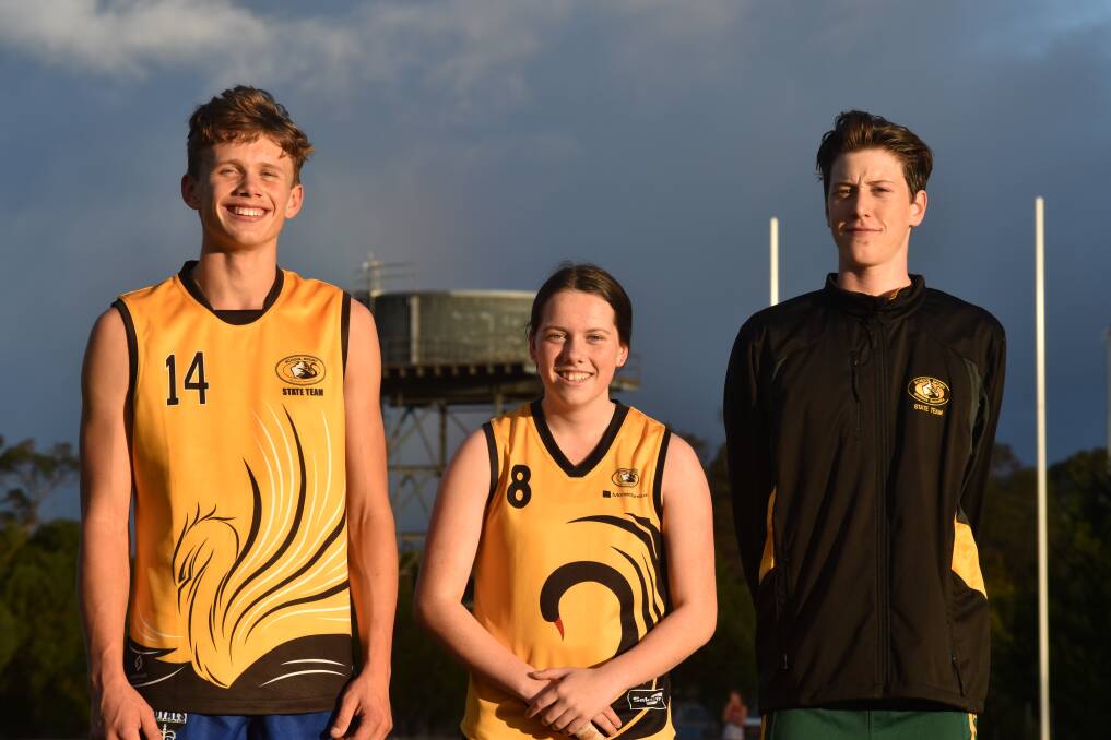 Local talent: Kade Dittmar, Mia Dronow and Oscar Armstrong will travel to Adelaide to compete in the WA 15s girls and boys AFL teams. Photo: Nicky Lefebvre