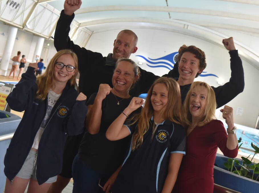 Swim stoked: Rianna Coffey, Sue Buckland, Ethan Buckland, Lucy Bromell from the Margaret River Squad Swim Club with Nola Marino (far right) and Dylan Brown (left, at rear). 