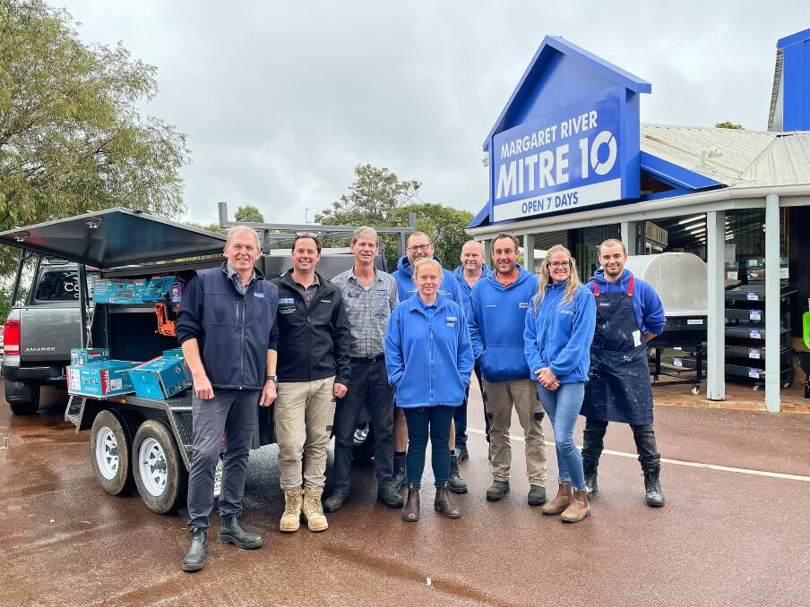Winner: Ben Lawrie (second left) with the Margaret River Mitre 10 team and his prize - a brand new, fully stocked trailer. Photo: Nicky Lefebvre