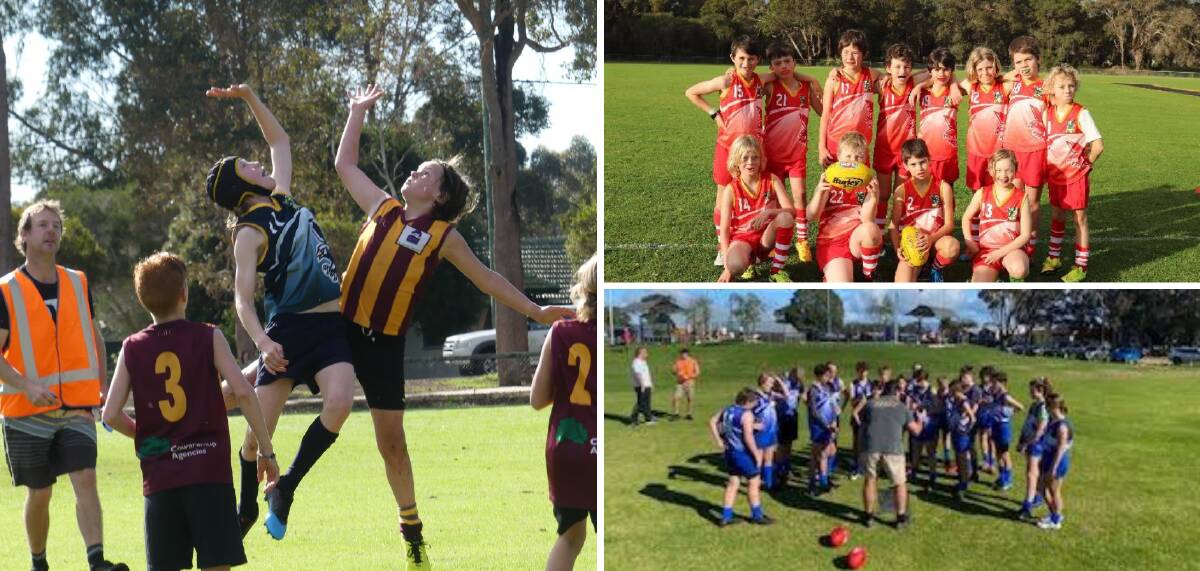 Left: Harper Payne flies high for Bulls Red 11s in the ruck contest; Young players took to the footy fields across the region on the weekend.