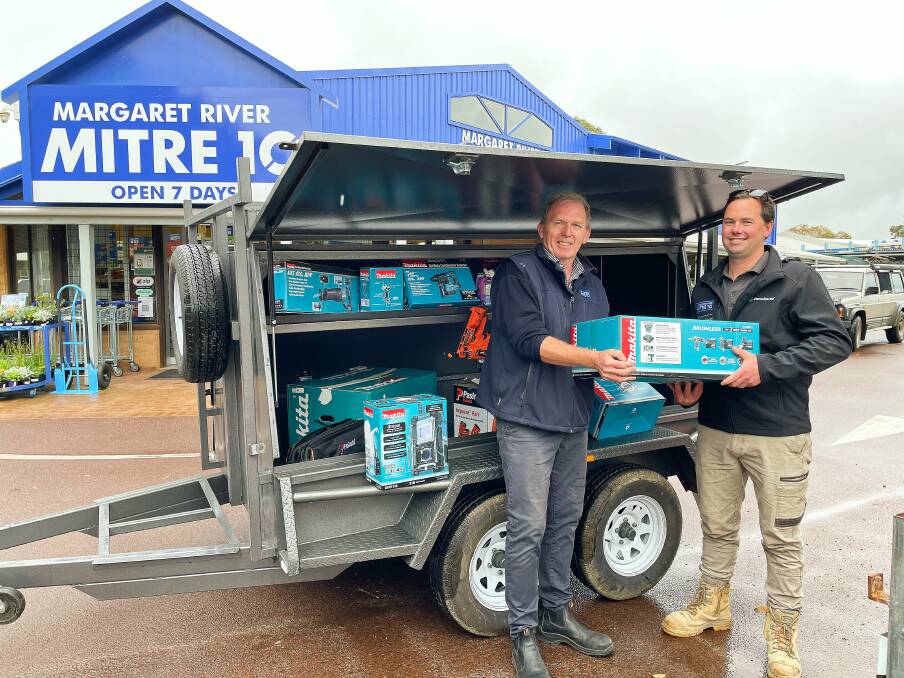 Margaret River Mitre 10 manager Paul Brown (left) with winner Ben Lawrie from Caves Road Constructions. Photo: Nicky Lefebvre