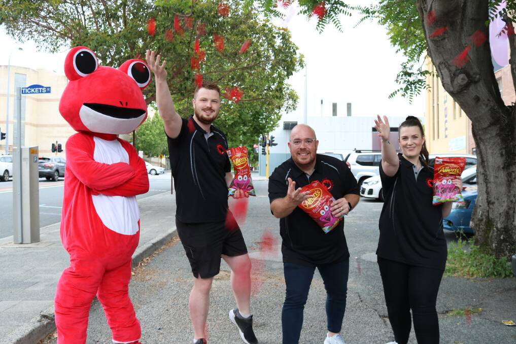 Fred Rogs (left) with Assistant Project Manager Alex Wilson, Red Frogs WA State Director Hayden Glass, and WA Leavers Zone Precinct Coordinator Danica Hall. 