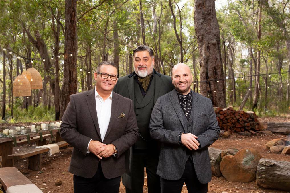 Masterchef judges Gary Mehigan, Matt Preston and George Calombaris at the Leeuwin Estate Safari Club. Photo. Endemol Shine Australia.