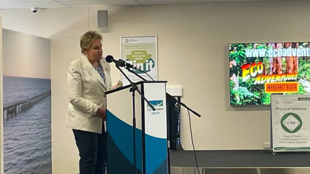Regional Development Minister Alannah MacTiernan speaks at the Busselton Margaret River Regional Airport ahead of the arrival of the first Jetstar flight direct from Melbourne. Picture: Brianna Melville