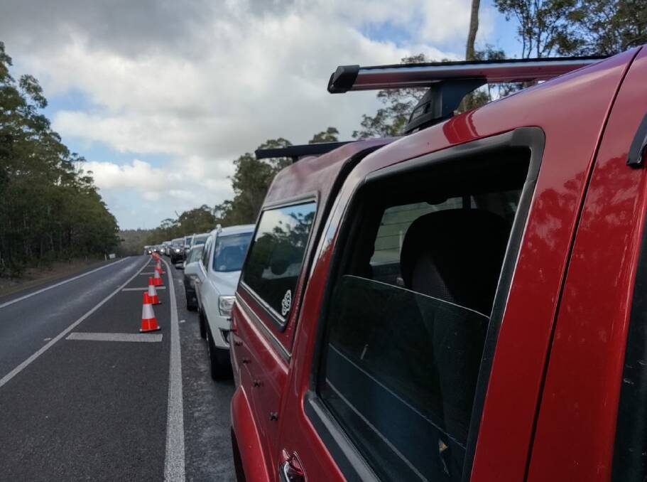 Vehicles queued on Bussell Highway as the Cape to Cape MTB event passed over the road. Photos: Tom Prince