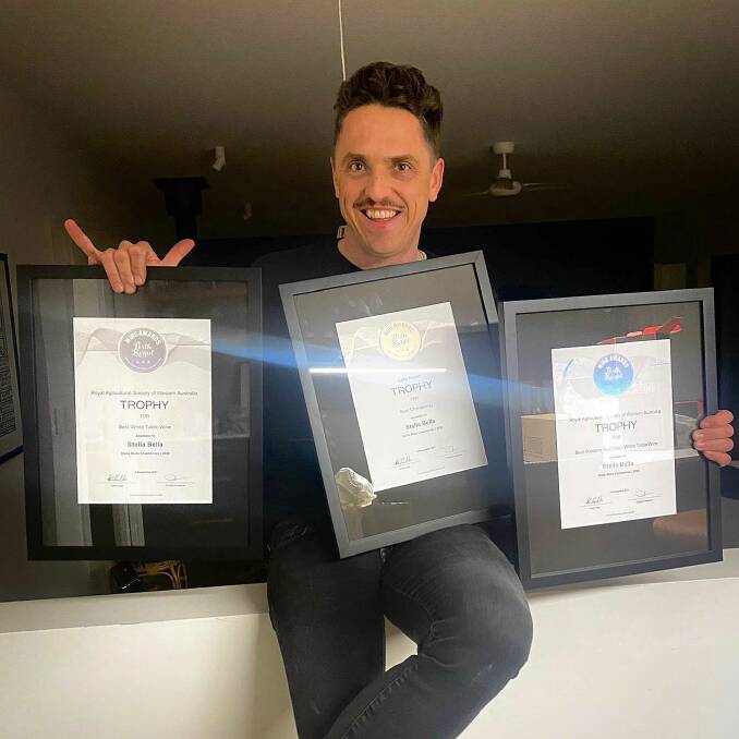 Stella Bella chief winemaker Luke Jolliffe with a trio of awards landed at the recent Perth Royal Wine Awards for their 2020 Chardonnay. 