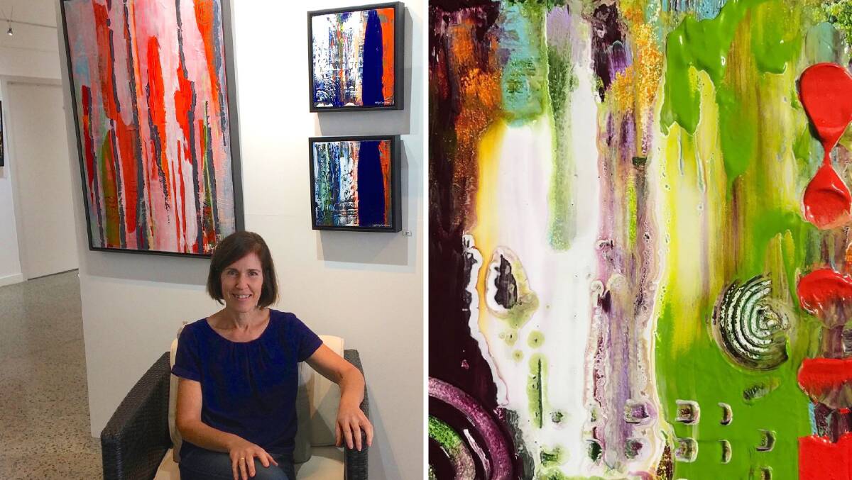 Left: Mandurah artist Hilly Coufreur with Gumtrees, the winning entry in this year's Margaret River Art Prize. Photos: Supplied.