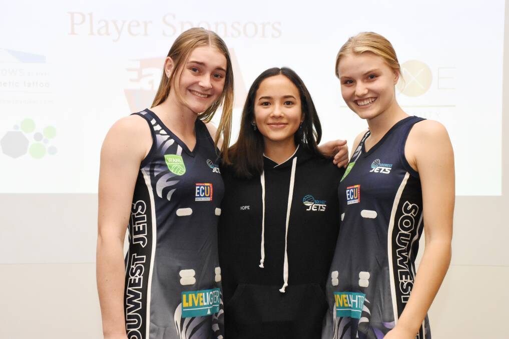 Jasmine Nielson, Hope Thom, Jessie Whitehead. Neilson and Whitehead, both from Margaret River, have impressed in the 20/U competition on the West Australian Netball League Court.