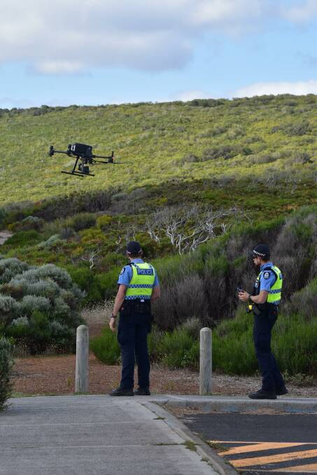 Police deploy a drone in the search for missing Margaret River man, Terry Jennings. Picture: James Bunting