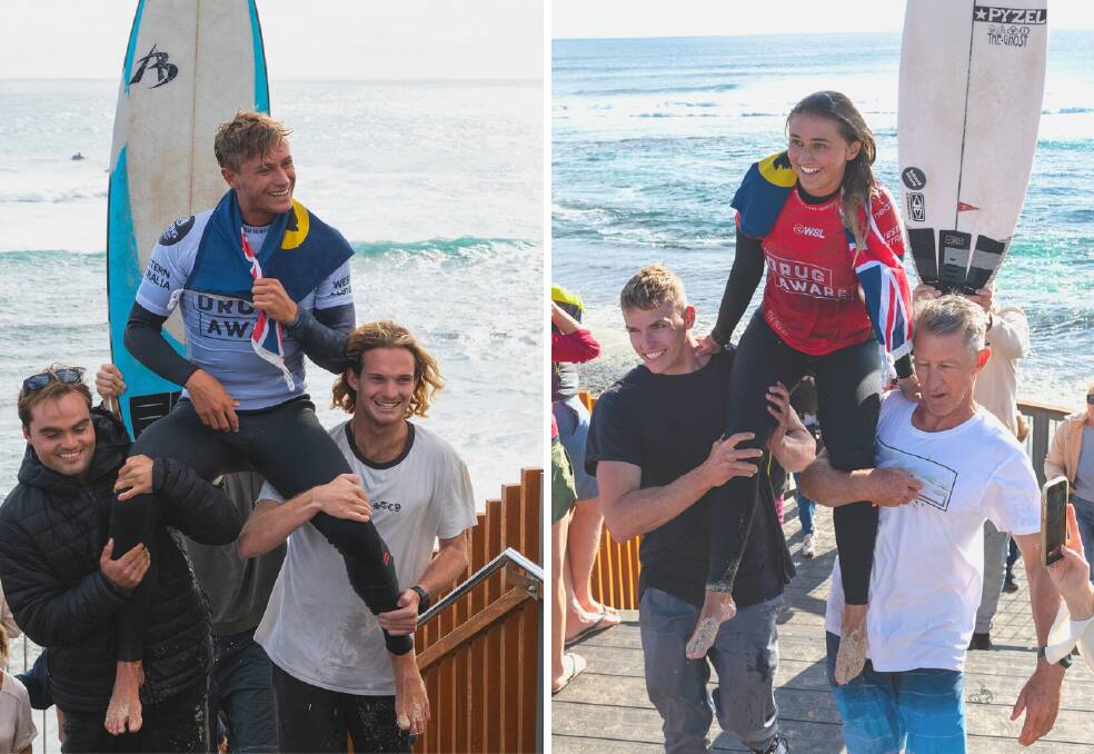 Ben Spence (left) will likely face off with defending Margaret River Pro champion Filipe Toledo, while Mia McCarthy will meet Hawaiian surfer Carissa Moore when competition gets underway. Pictures: Surfing WA/O'Grady