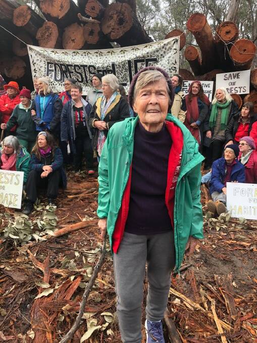 90 year old Ruth Carlsson, part of the mass protest which brought logging to a halt at Helms Forest this week. Photo: Supplied