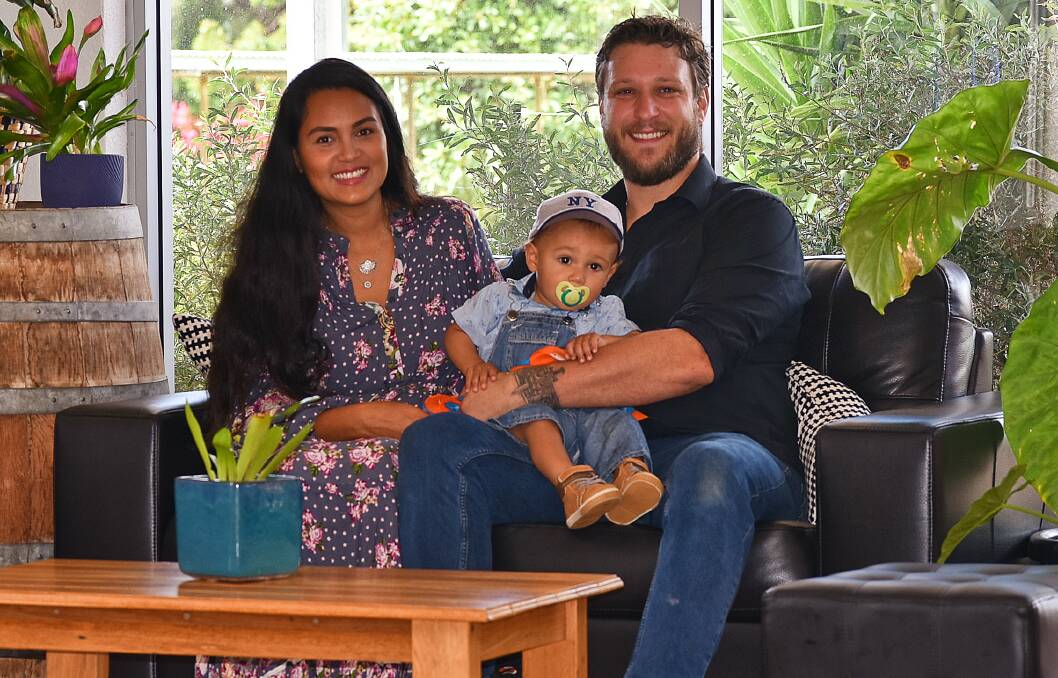 Mouna and Tom Prince with son Wilfred at the Cowaramup District Club, where the couple will take part in the Greatest Shave on Friday March 26. 