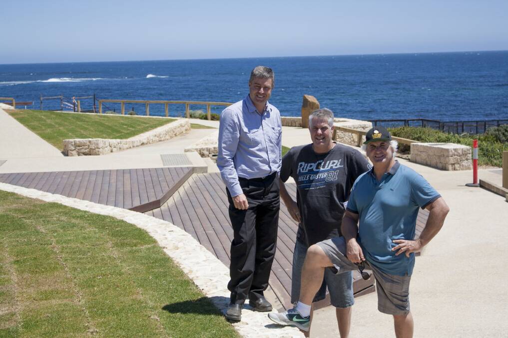 Ready to roll: Augusta Margaret River Shire project manager Wayne Pragnell with Surfing WA's Margaret River Pro director Tom Wilson and site manager Tim Thirsk give Surfers Point their nod of approval.