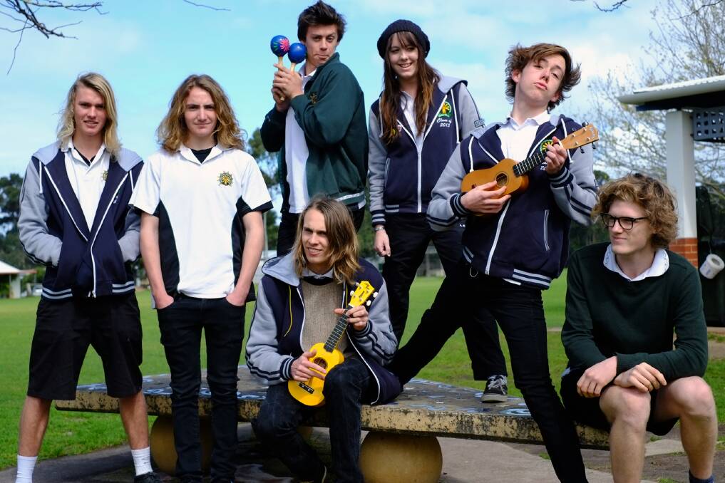 Song to sing: Keiran Renolds, Caleb Andrews, Rhys Rigby, Isabella Andrews, Isaac Andrews, Sean Becker and Connor Aitken-Lombardo are all part of the 2013 Triple J Unearthed High alumni. 
			       Photo: Sandy Powell